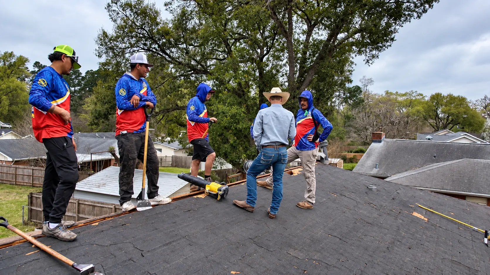 Roof Ryders crew and owner inspecting a shingle roof together
